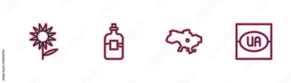 Set line Sunflower, Map of Ukraine, Bottle vodka and Flag icon. Vector. Set line Sunflower, Map of Ukraine, Bottle vodka and Flag icon. Vector.