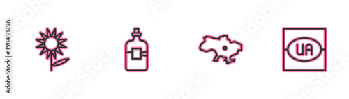 Set line Sunflower, Map of Ukraine, Bottle vodka and Flag icon. Vector.