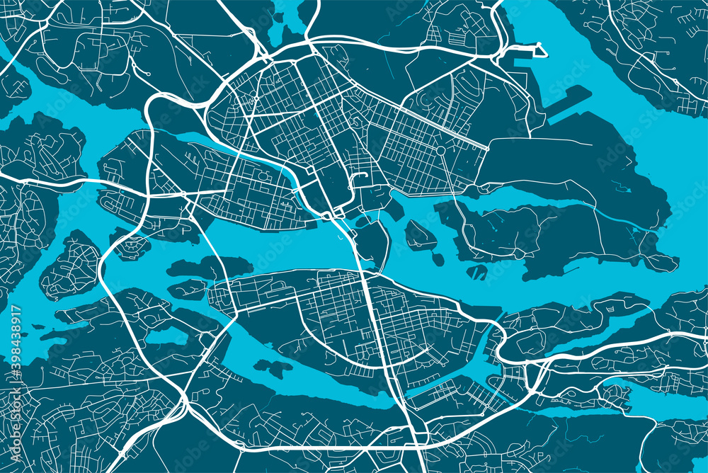 Detailed map of Stockholm city, linear print map. Cityscape panorama.