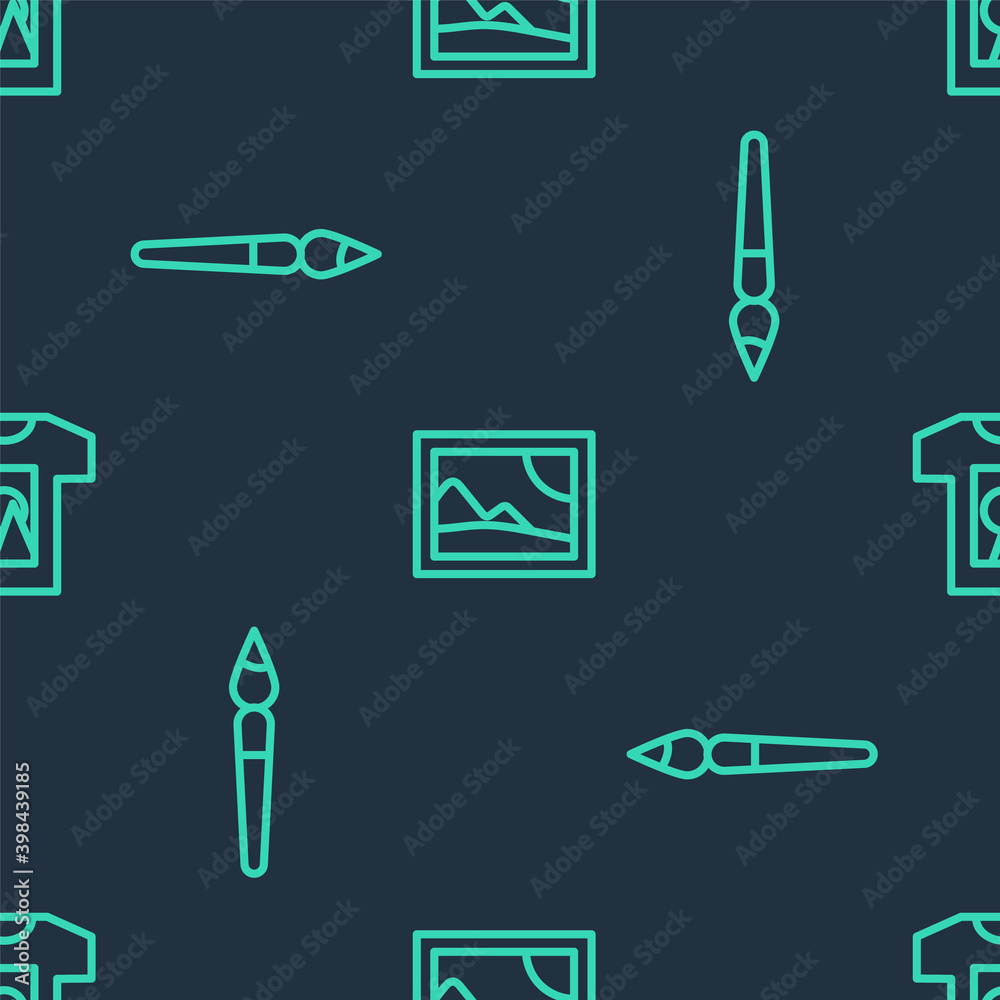 Set line Picture landscape, Paint brush and T-shirt on seamless pattern. Vector. Set line Picture landscape, Paint brush and T-shirt on seamless pattern. Vector.