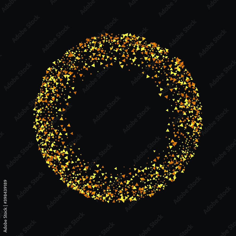 Gold confetti. Isolated golden dust particles. Vector round bokeh.Abstract iridescent background. Birthday card with metallic texture. Chaotic bridal backdrop. Foil border. Geometric anniversary illus