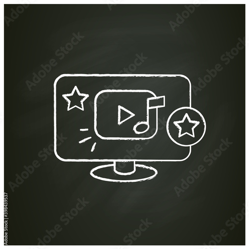 Music video chalk icon. Multimedia player sign on computer. Video and audio media content concept. Play button for blog or website. Isolated vector illustration on chalkboard 