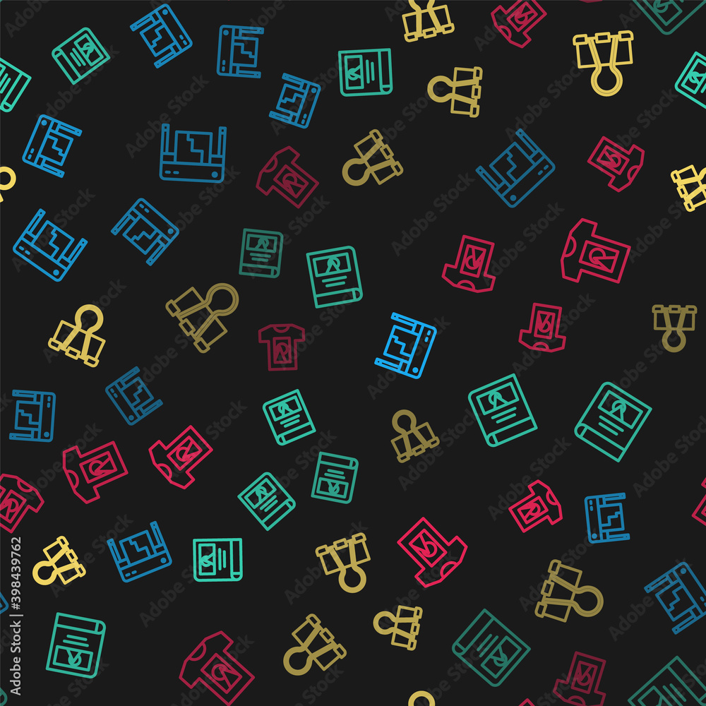 Set line Plotter, Photo album gallery, Binder clip and T-shirt on seamless pattern. Vector. Set line Plotter, Photo album gallery, Binder clip and T-shirt on seamless pattern. Vector.