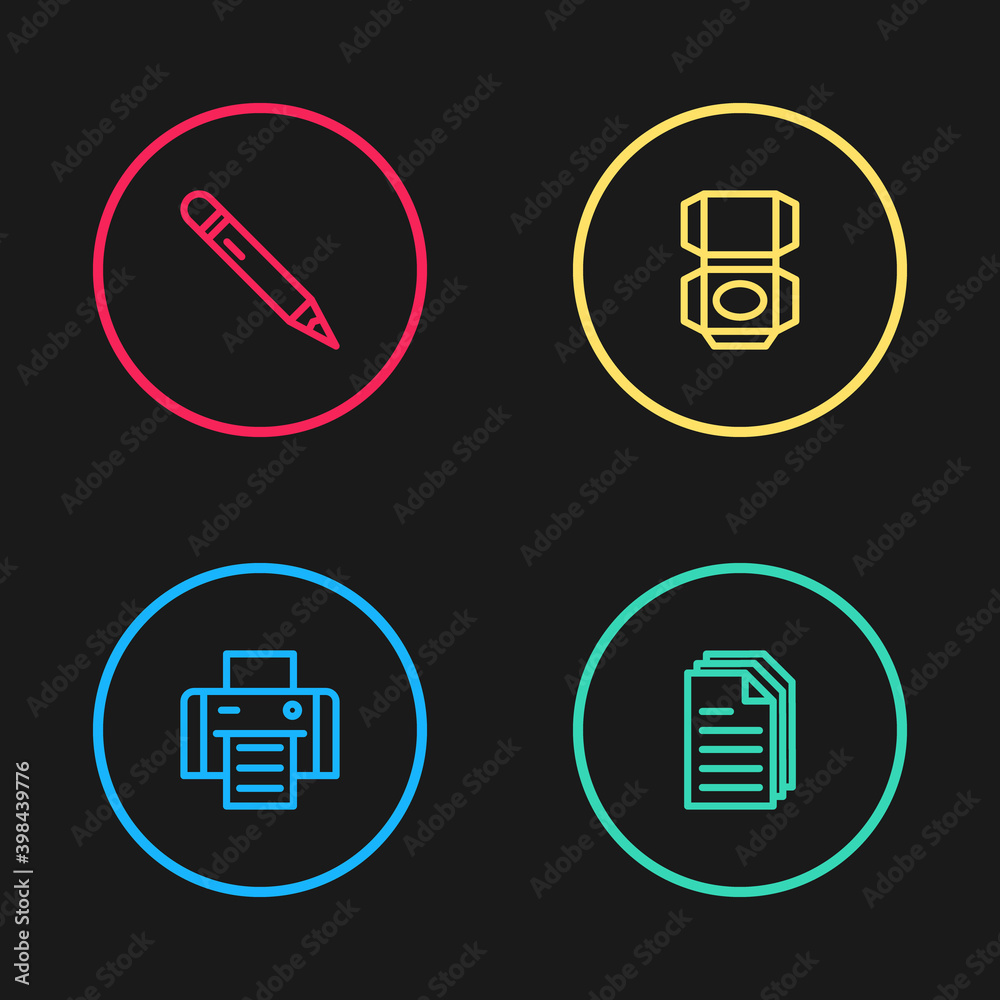 Set line Printer, File document, Carton cardboard box and Pencil with eraser icon. Vector. Set line Printer, File document, Carton cardboard box and Pencil with eraser icon. Vector.