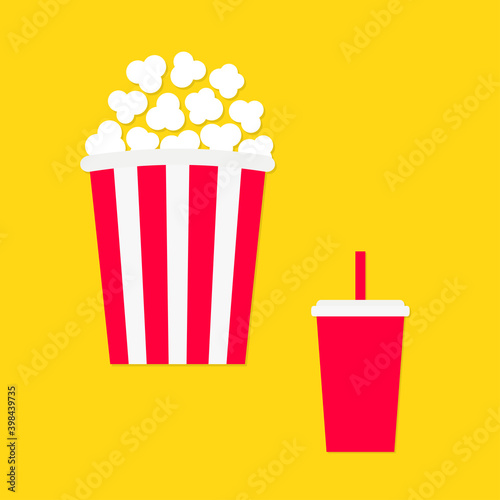 Popcorn and soda drinking glass set. Movie night cinema icon. Big size white red strip box. Pop corn food. Cute movie cinema banner decoration template. Flat design style. Yellow background. Isolated.