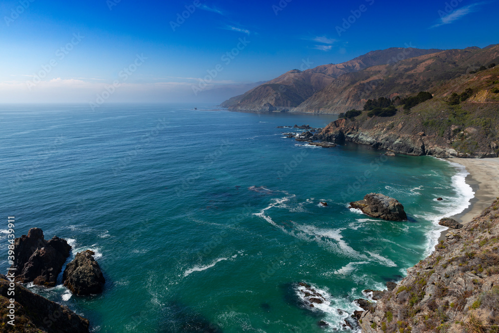 Scenic view of the coastline at the Big Sur, in central California, USA; Concept for travel and road trip in California
