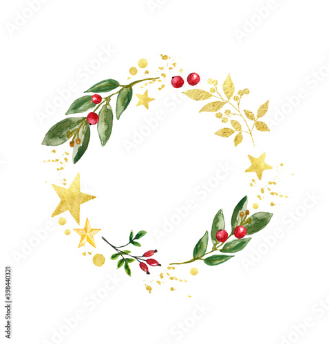 Cheerful and festive watercolor Christmas greenery frame with winter plants, ...