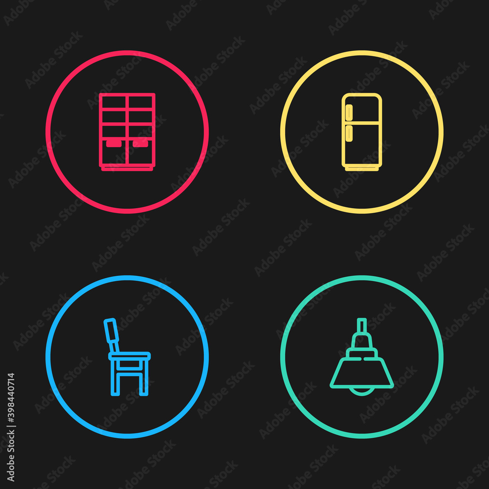 Set line Chair, Chandelier, Refrigerator and Wardrobe icon. Vector. Set line Chair, Chandelier, Refrigerator and Wardrobe icon. Vector.