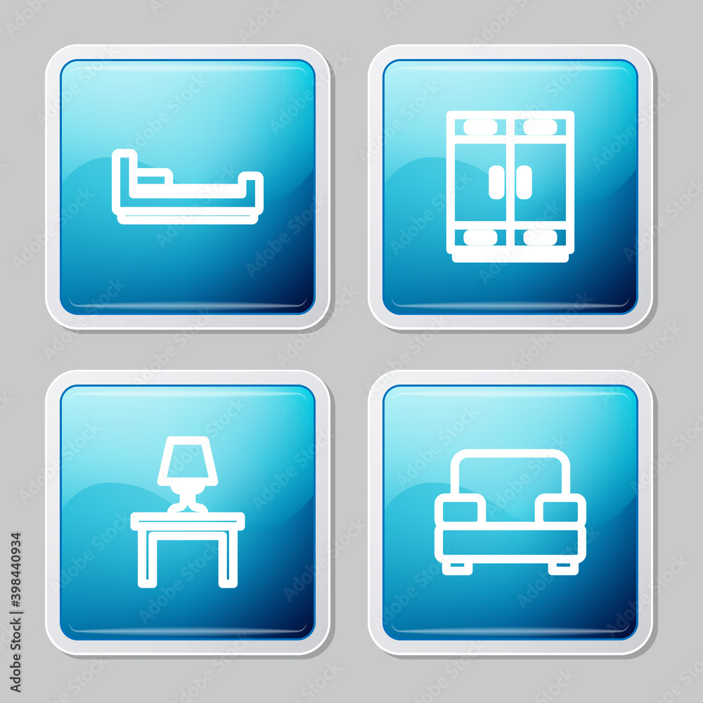 Set line Bed, Wardrobe, Table lamp on table and Armchair icon. Vector. Set line Bed, Wardrobe, Table lamp on table and Armchair icon. Vector.
