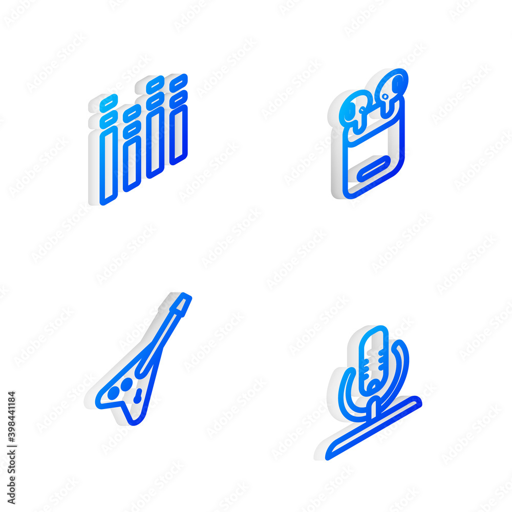 Set Isometric line Air headphones in box, Music equalizer, Electric bass guitar and Microphone icon. Vector. Set Isometric line Air headphones in box, Music equalizer, Electric bass guitar and Microphone icon. Vector.