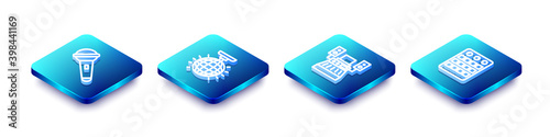 Set Isometric line Microphone, Disco ball, Music recording studio and Drum machine icon. Vector.