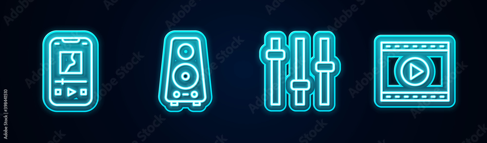 Set line Music player, Stereo speaker, equalizer and Online video. Glowing neon icon. Vector. Set line Music player, Stereo speaker, equalizer and Online video. Glowing neon icon. Vector.