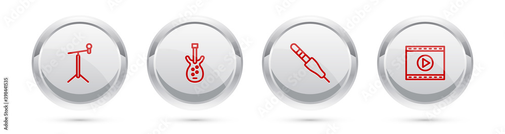 Set line Microphone with stand, Electric bass guitar, Audio jack and Online play video. Silver circle button. Vector. Set line Microphone with stand, Electric bass guitar, Audio jack and Online play video. Silver circle button. Vector.