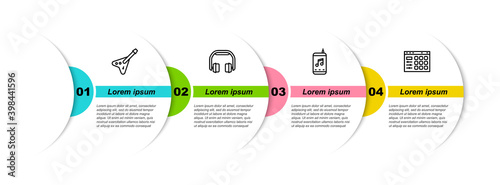 Set line Electric bass guitar, Headphones, Music player and Drum machine. Business infographic template. Vector.