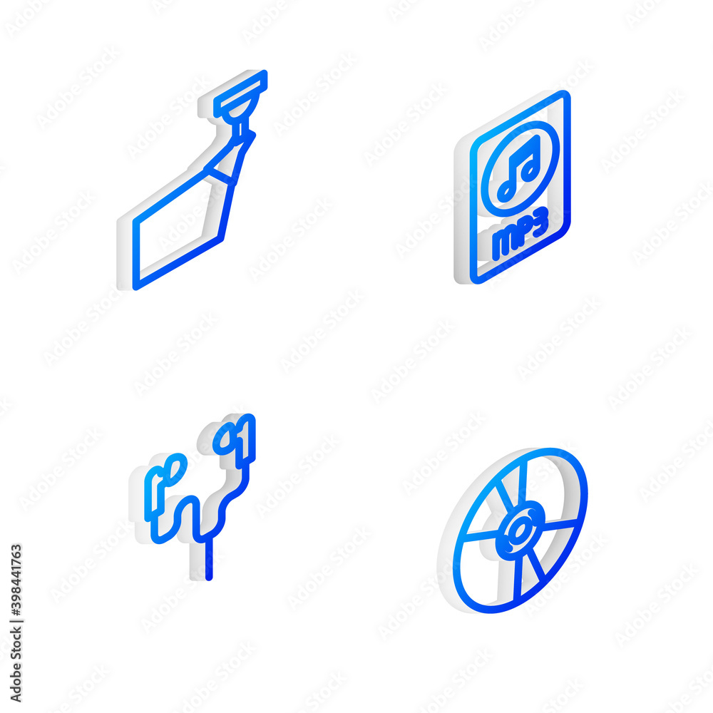 Set Isometric line MP3 file document, Movie spotlight, Air headphones and CD or DVD disk icon. Vector. Set Isometric line MP3 file document, Movie spotlight, Air headphones and CD or DVD disk icon. Vector.