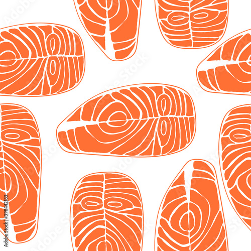 Hand drawn vector seamless pattern of salmon steaks