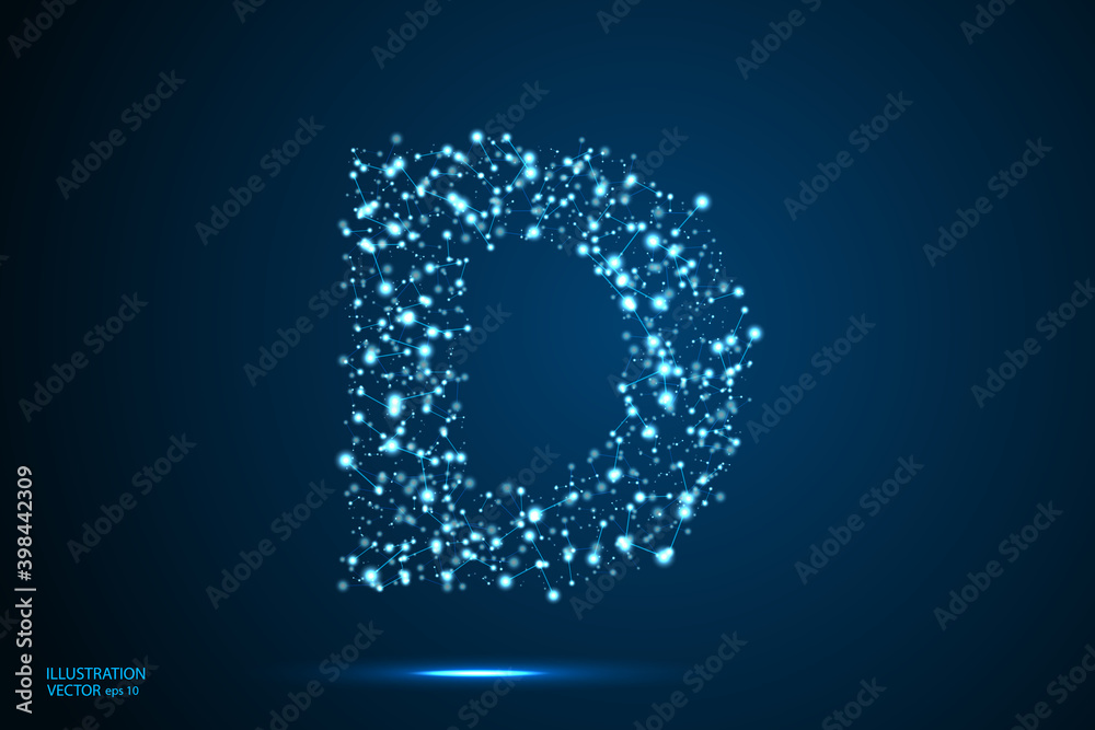 English letters abstract font consists 3d of triangles, lines, dots and connections. On a dark blue background cosmic universe stars, meteorites, galaxies. Vector illustration EPS 10. English letters abstract font consists 3d of triangles, lines, dots and connections. On a dark blue background cosmic universe stars, meteorites, galaxies. Vector illustration EPS 10.