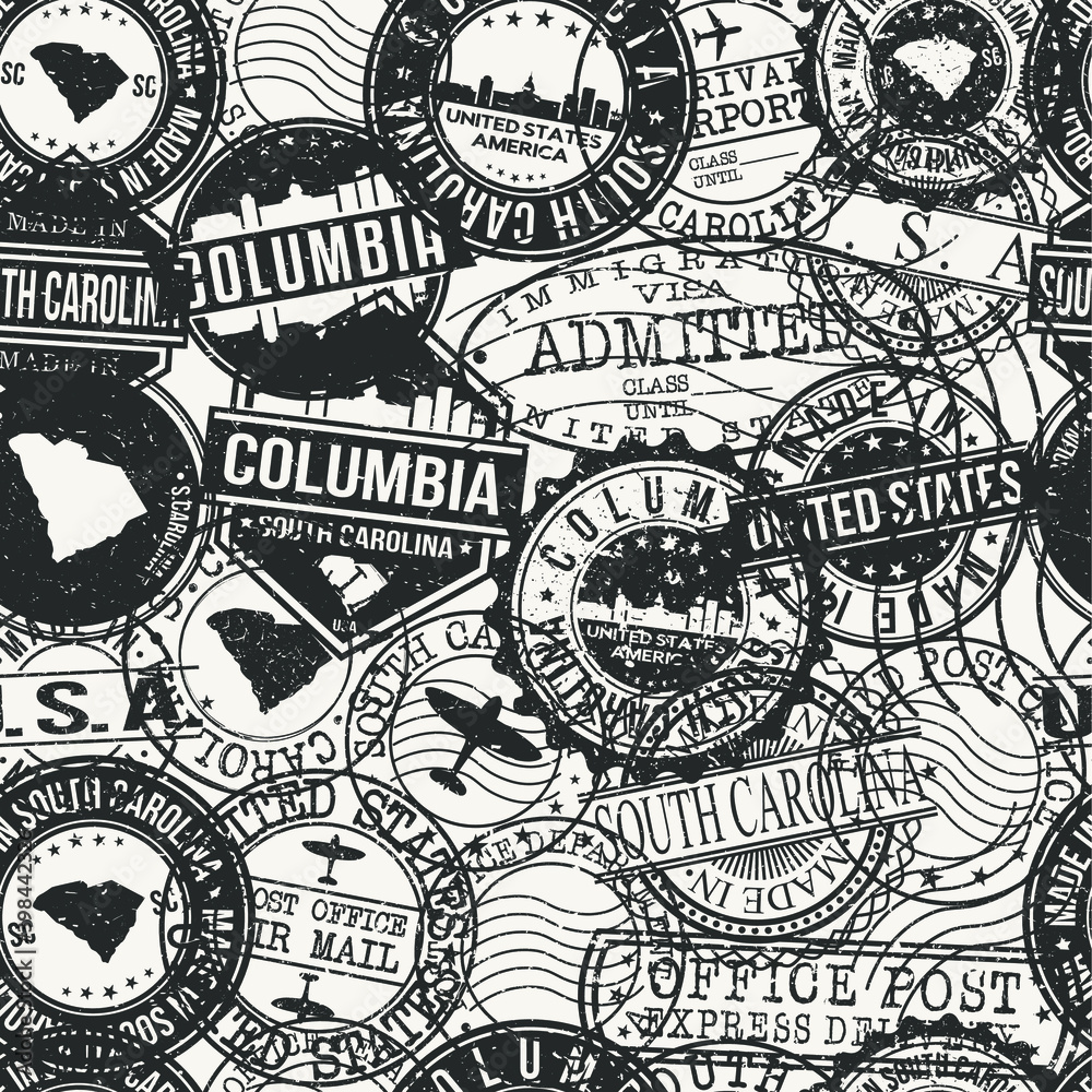 Columbia, SC, USA Set of Stamps. Travel Passport Stamps Pattern. Made In Product. Design Seals in Old Style Insignia Seamless. Icon Clip Art Vector Collection.