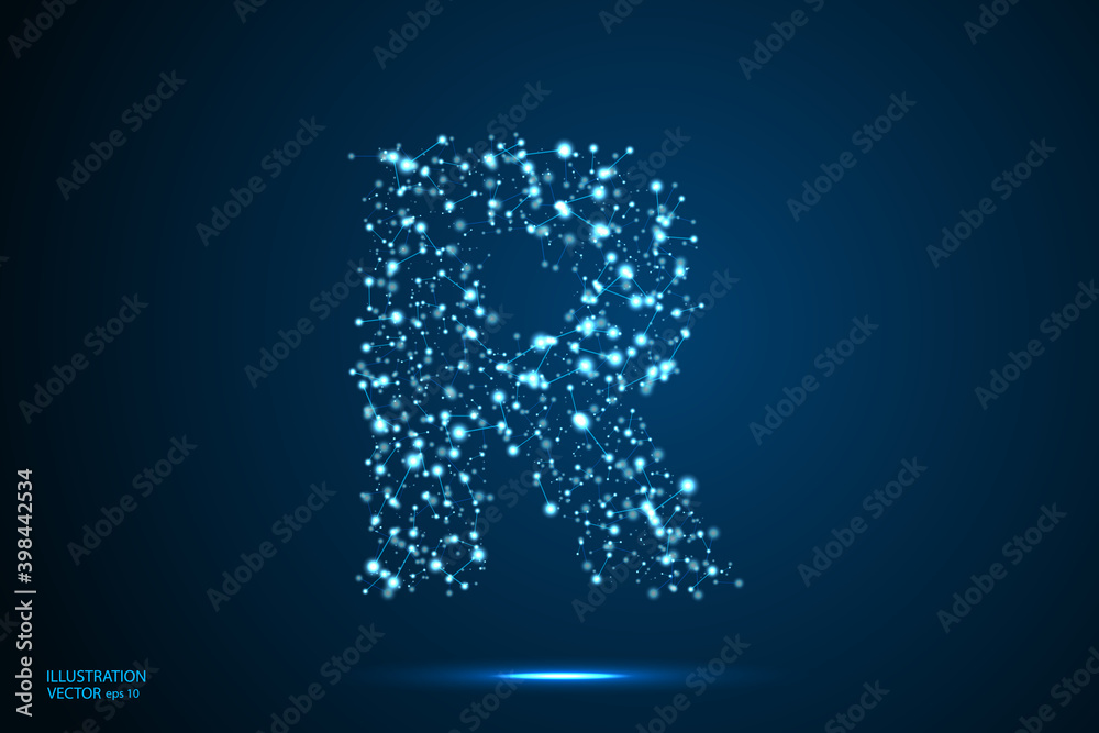 English letters abstract font consists 3d of triangles, lines, dots and connections. On a dark blue background cosmic universe stars, meteorites, galaxies. Vector illustration EPS 10.