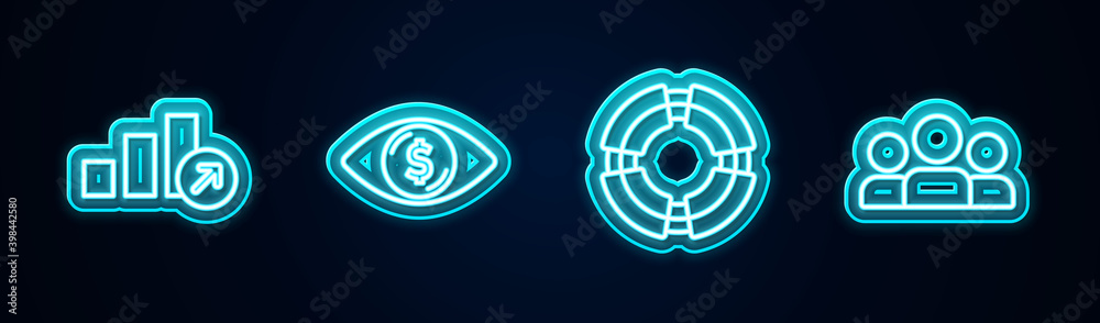 Set line Financial growth, Eye with dollar, Business lifebuoy and Users group. Glowing neon icon. Vector. Set line Financial growth, Eye with dollar, Business lifebuoy and Users group. Glowing neon icon. Vector.
