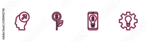 Set line Head hunting concept, Light bulb with dollar mobile, Dollar plant and and gear icon. Vector.