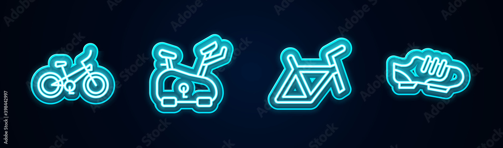 Set line Bicycle, Stationary bicycle, frame and shoes. Glowing neon icon. Vector. Set line Bicycle, Stationary bicycle, frame and shoes. Glowing neon icon. Vector.