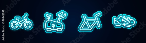 Set line Bicycle, Stationary bicycle, frame and shoes. Glowing neon icon. Vector.