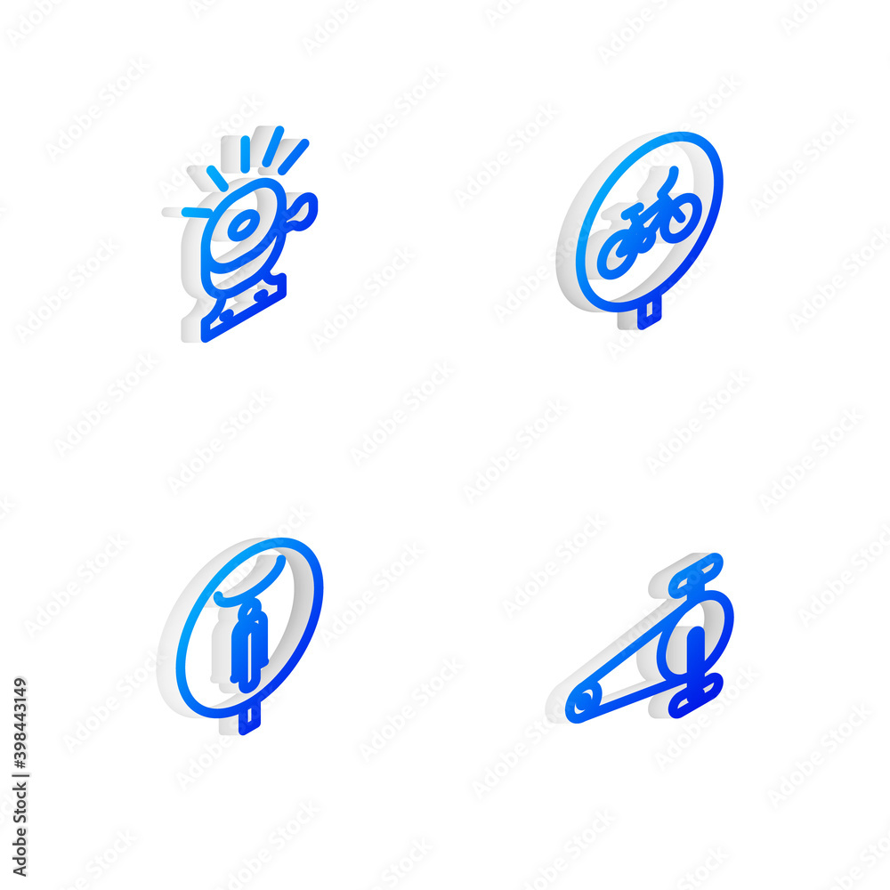 Set Isometric line Bicycle, bell, and chain with gear icon. Vector. Set Isometric line Bicycle, bell, and chain with gear icon. Vector.