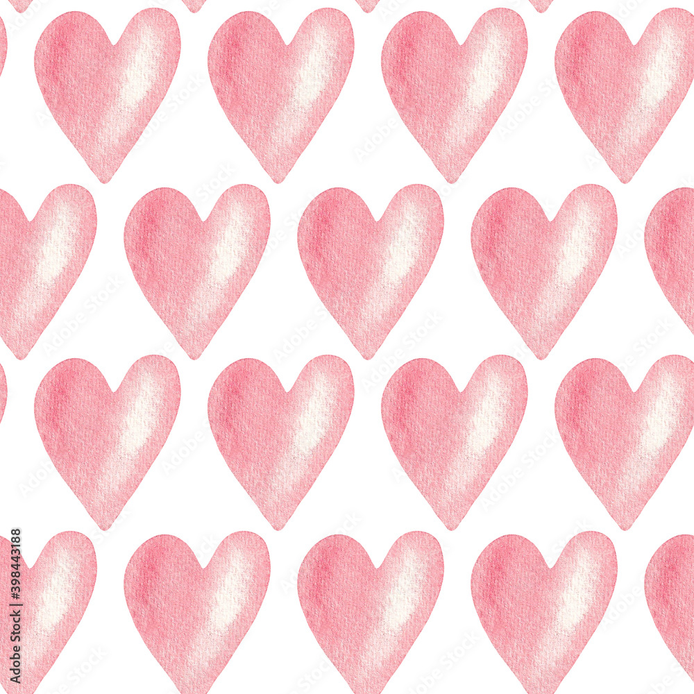 Seamless pattern with pink hearts on white background, hand painted watercolor illustration