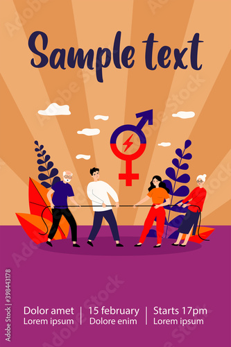 Male and female teams pulling rope. Tug-of-war, competition, different ages and generation flat vector illustration. Gender equality, contest concept for banner, website design or landing web page
