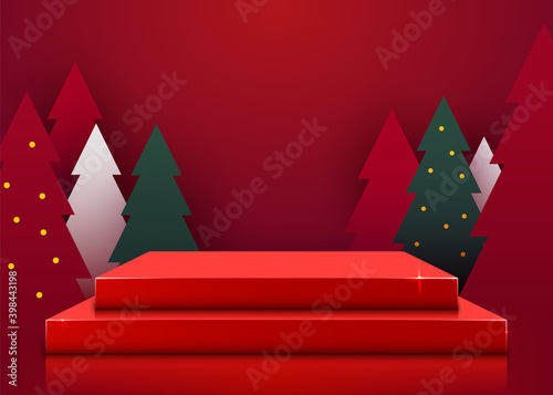  Mock up scene. Podium shape for show cosmetic product display. stage pedestal or platform. Winter Christmas red background with tree xmas.