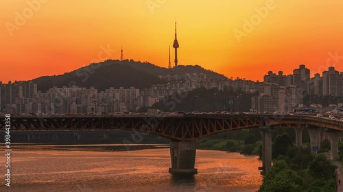 The best view Sunset of Seoul,city at Han river in Seoul,south Korea.Zoom out