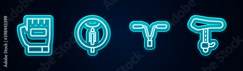 Set line Gloves, Bicycle, handlebar and seat. Glowing neon icon. Vector.