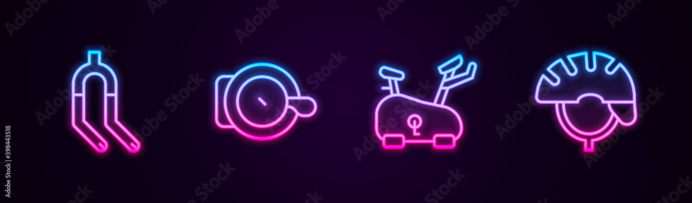 Set line Bicycle fork, bell, Stationary bicycle and helmet. Glowing neon icon. Vector. Set line Bicycle fork, bell, Stationary bicycle and helmet. Glowing neon icon. Vector.