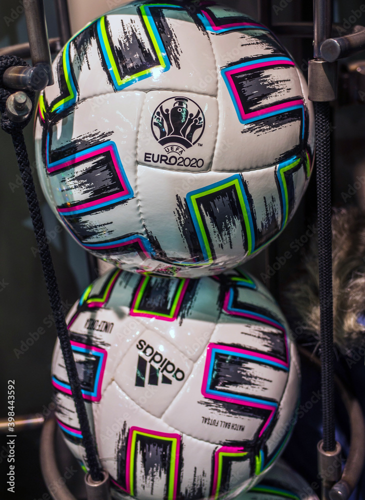 10 November 2019 London, United Kingdom. The official ball of the European  football Championship 2020 Adidas Uniforia Competition in the sports shop  window. Stock Photo | Adobe Stock