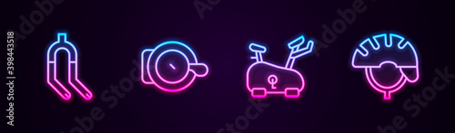 Set line Bicycle fork, bell, Stationary bicycle and helmet. Glowing neon icon. Vector.