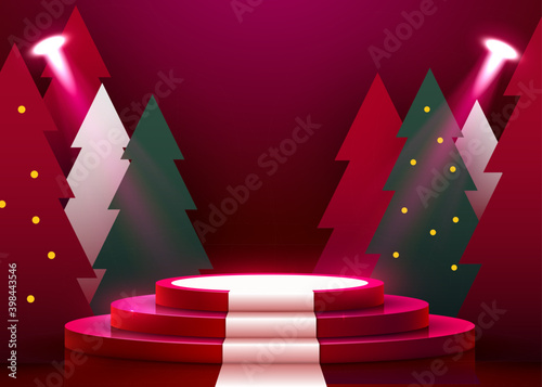  Mock up scene. Podium shape for show cosmetic product display. stage pedestal or platform. Winter Christmas red background with tree xmas.