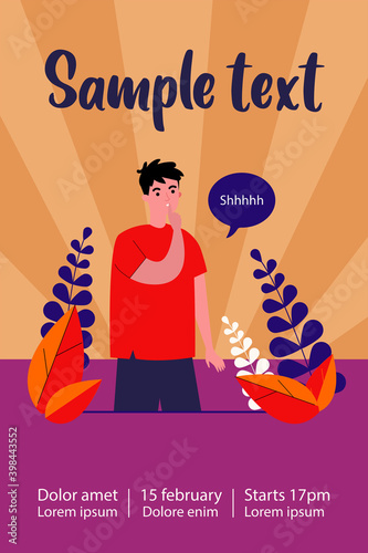 Young man showing shh or stop talking gesture, keeping secret and conspiracy. Flat vector illustration for silence, keeping quiet, secrecy concept