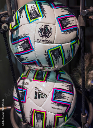 10 November 2019 London, United Kingdom. The official ball of the European  football Championship 2020 Adidas Uniforia Competition in the sports shop  window. Stock Photo | Adobe Stock