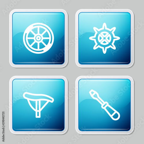 Set line Bicycle wheel, sprocket crank, seat and Screwdriver icon. Vector.