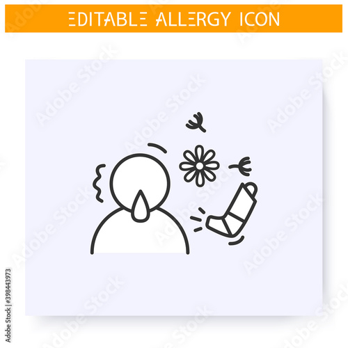 Pollen allergy line icon. Seasonal allergy. Symptoms, astma, anaphylaxis. Inhaler. Immunity reaction, immune intolerance and immunotherapy concept. Isolated vector illustration. Editable stroke 