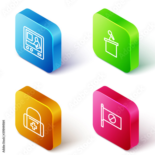 Set Isometric line Television report, Stage stand tribune, First aid kit and Protest icon. Vector.