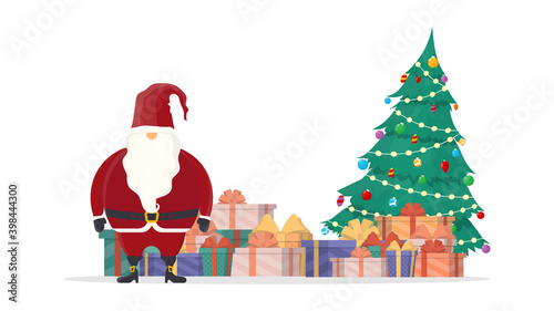 Santa claus with a mountain of gifts and a christmas tree. Old man with white beard in red clothes isolated on white background. For the design of postcards, banners and den books. Vector.