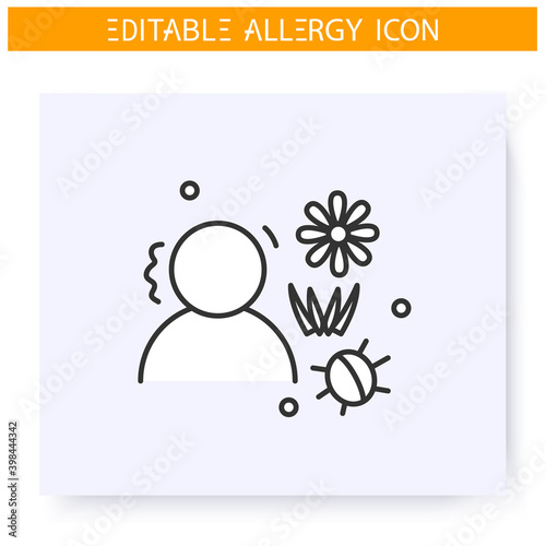 Spring allergy line icon. Seasonal pollen allergy. Symptoms, astma, anaphylaxis. Immunity reaction, immune intolerance and immunotherapy concept.Isolated vector illustration.Editable stroke 