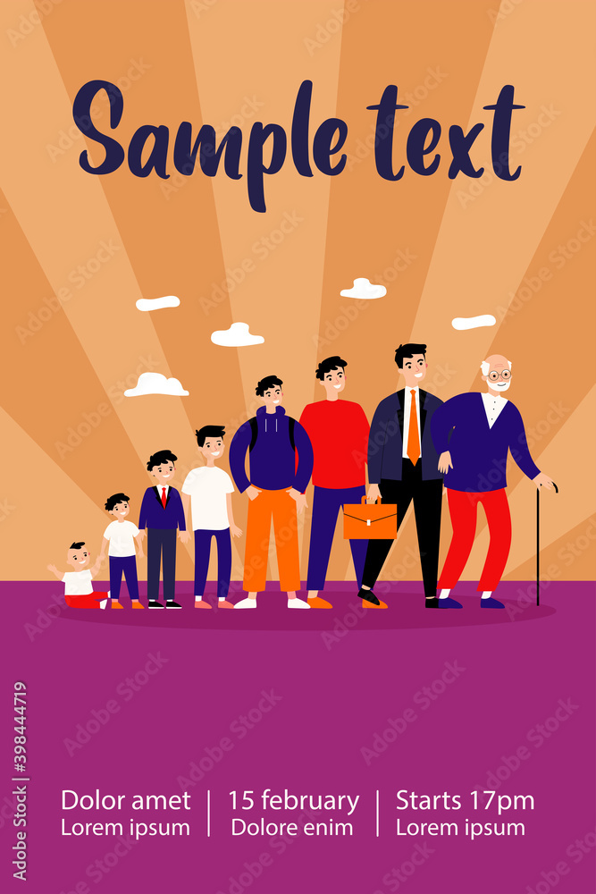 Obraz premium Man growth stages and lifecycle. Evolution from toddler to old man. Boy, teenager, student, adult, senior. Can be used for different generation, human age, life cycle concept