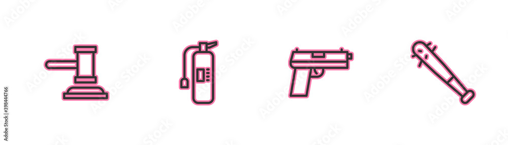 Set line Judge gavel, Pistol or gun, Fire extinguisher and Baseball bat with nails icon. Vector. Set line Judge gavel, Pistol or gun, Fire extinguisher and Baseball bat with nails icon. Vector.