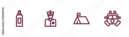 Set line Paint spray can, Protest camp, Police officer and Gas mask icon. Vector.