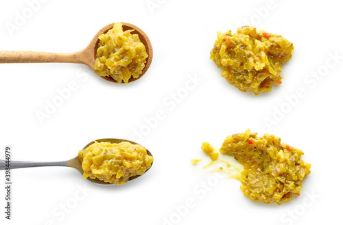 Set of relish in spoons top view isolated on white background