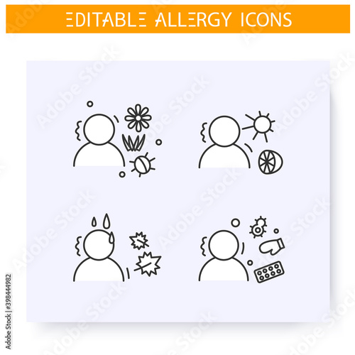  Seasonal allergies line icons set. Symptoms and causes. Spring, summer, winter and fall allergy. Immunity reaction and immunotherapy concept.Isolated vector illustrations. Editable stroke 