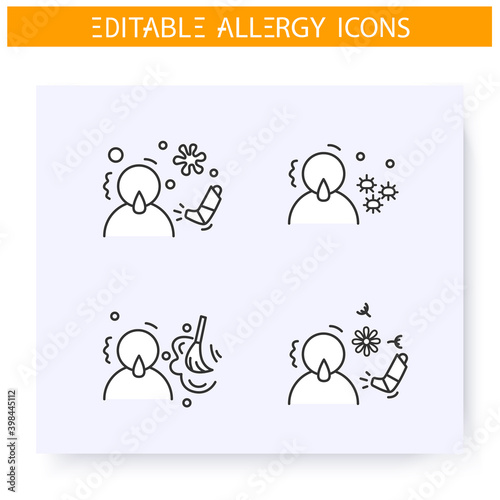 Respiratory allergy types line icons set.Pollen, dust, mold and blossom allergies. Astma.Immunity reaction, immune intolerance and immunotherapy concept.Isolated vector illustrations.Editable stroke 